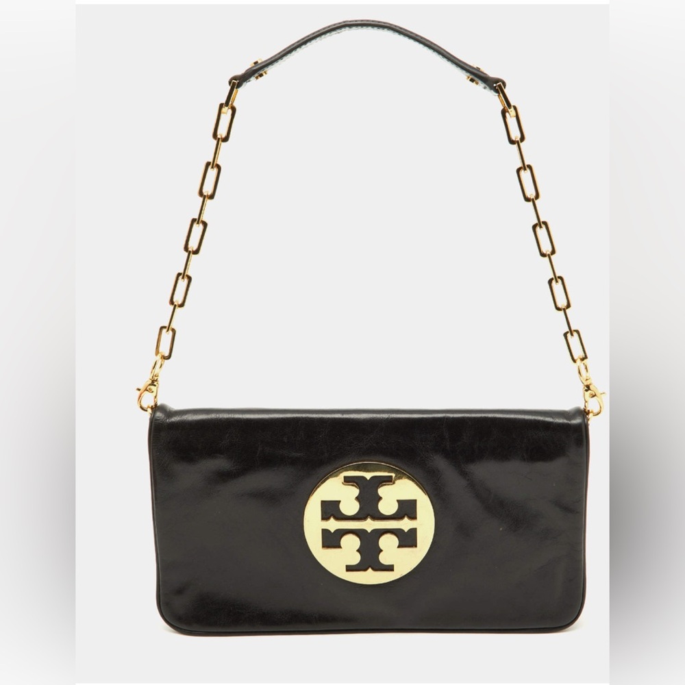 Tory Burch Black Leather  Logo Shoulder Bag